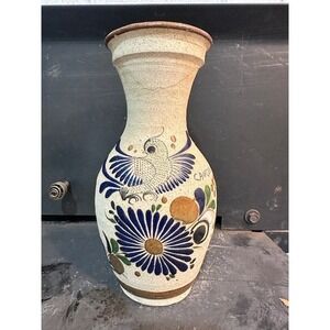 Vintage Mexican Folk Art Pottery Vase Bird Floral Cancun Signed Stoneware 10.5"
